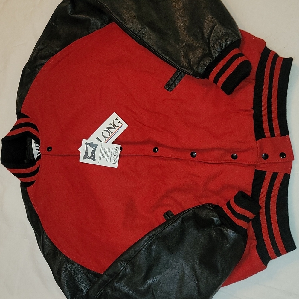 DeLong coat letterman jacket red body & black leather sleeves NWT